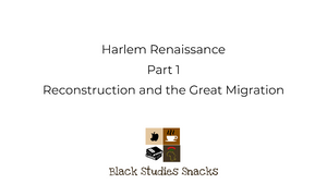 The Harlem Renaissance was a defining period of Black Culture and the Black Identity in American. In this course we will review what led up to the Harlem Renaissance and the lasting impression it has had on our Nation. New Black Studies topics weekly